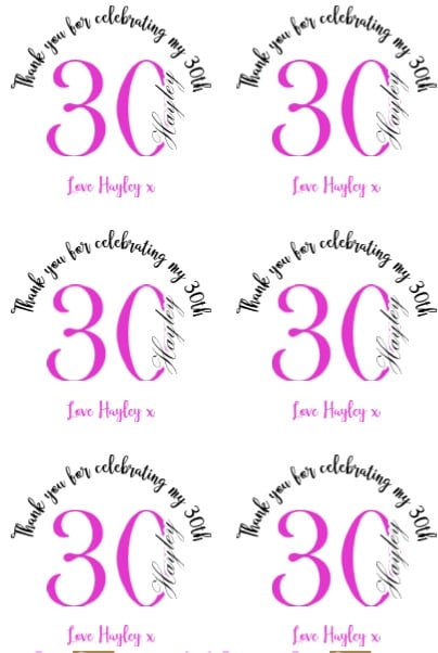 PERSONALISED 30TH BIRTHDAY ROUND LABLES