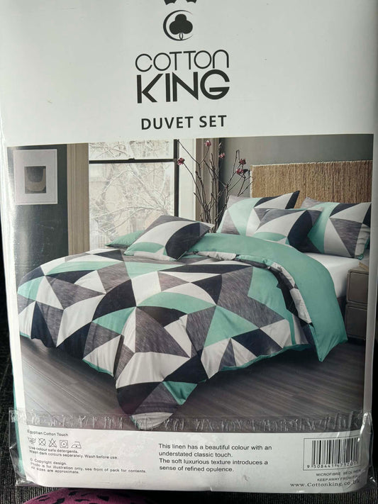 COTTON KING BLUE GEOMETRIC BED SET - KING